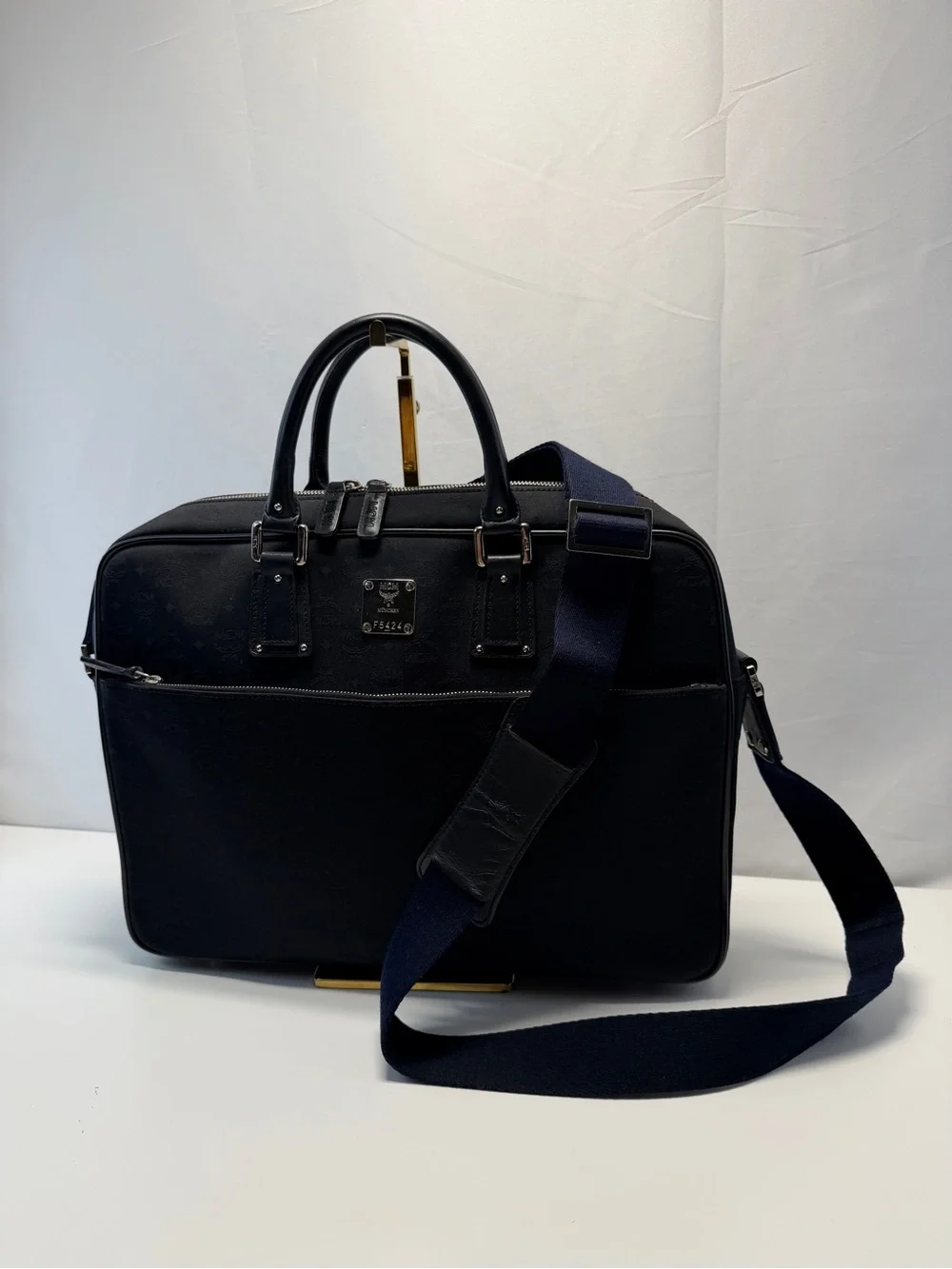 MCM Black Leather Briefcase with Navy Strap